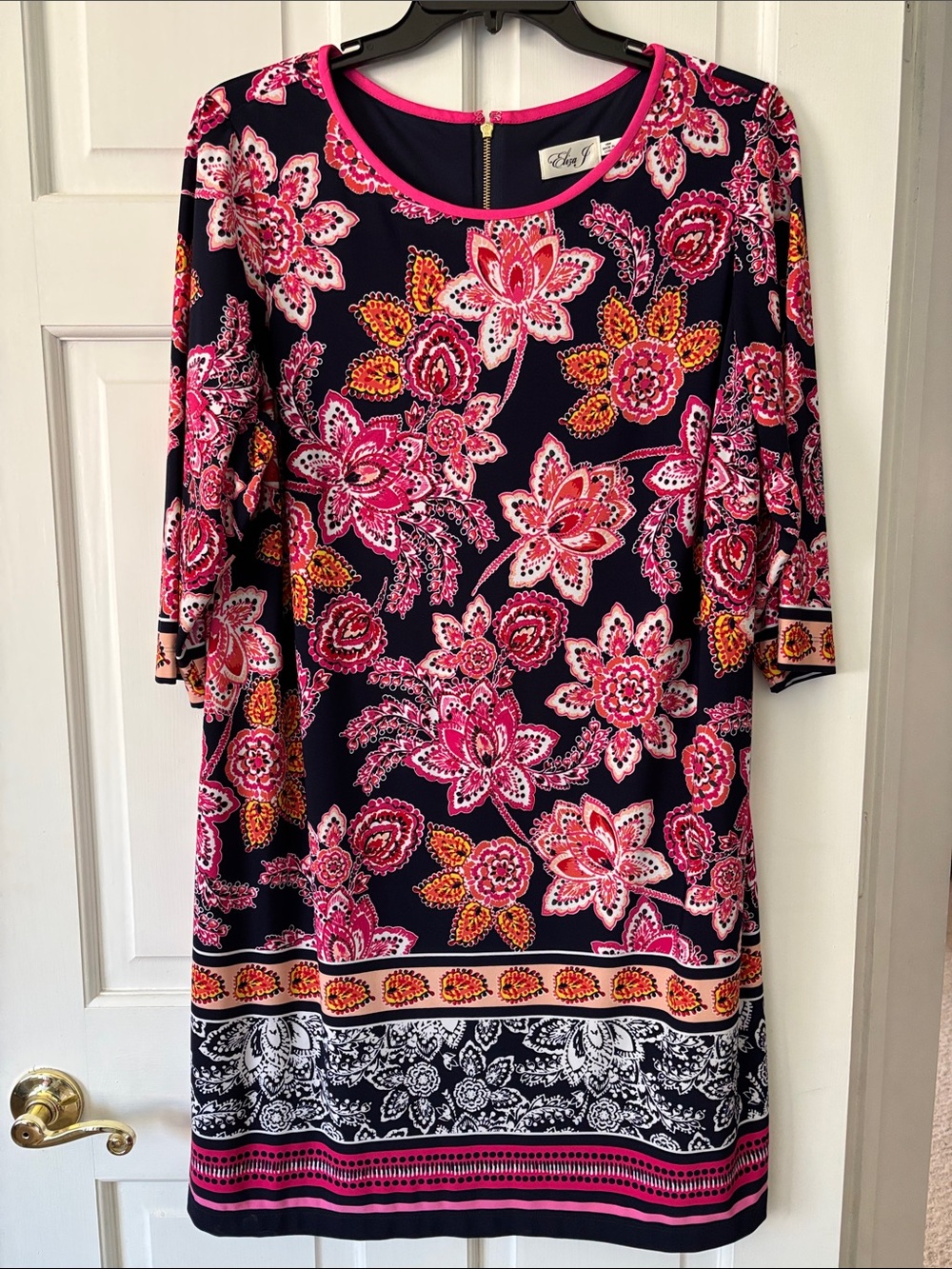 Eliza J Navy Floral Shift Dress with Pink and Orange Accents